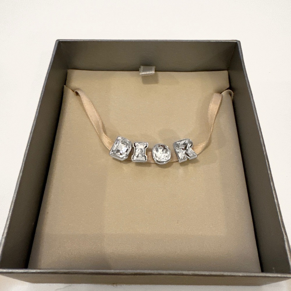 Christian Dior Crystal Letter Choker with Pink Ribbon in Box
